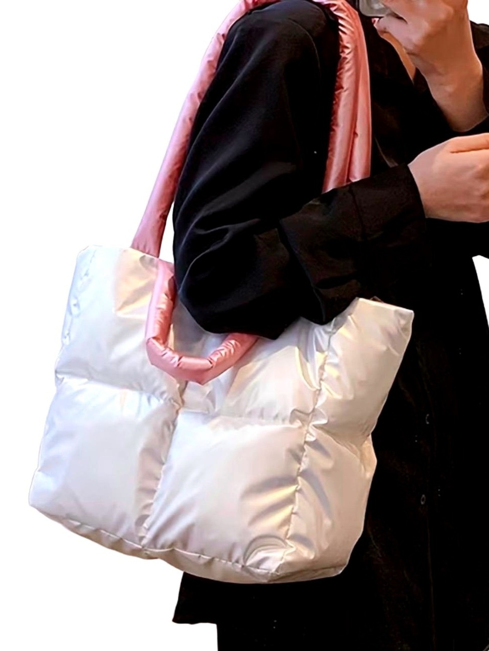 New -Unique -Cute & Stylish White Puffer Bag with Pink Handles